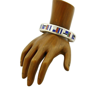 Artist David Freeland Inlaid Natural Gemstone .925 SOLID Silver Cuff Bracelet