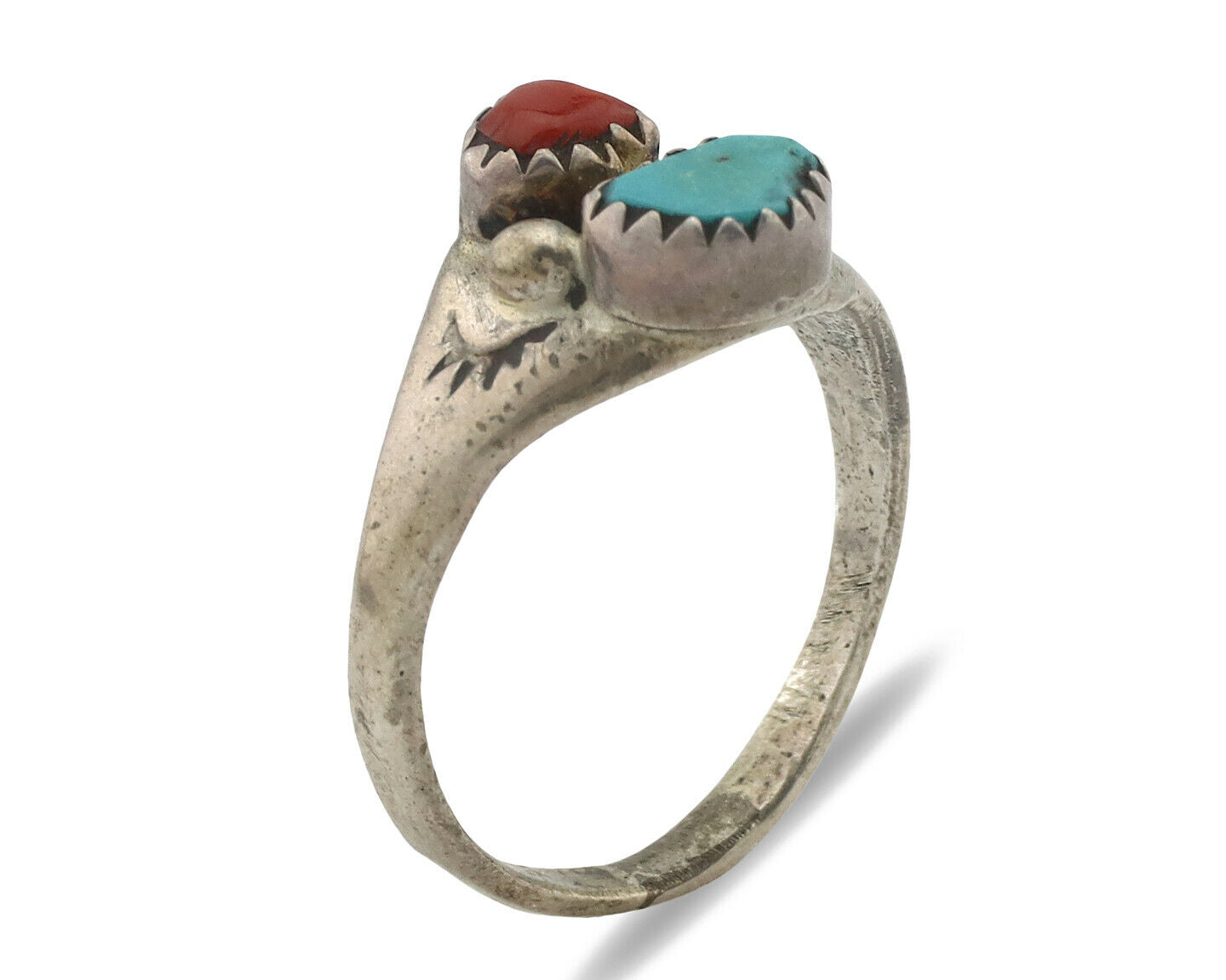 Zuni Ring .925 Silver Natural Turquoise & Coral Native American Artist C.1980's