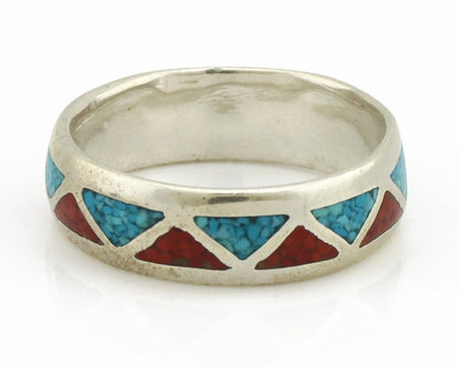 Navajo Ring 925 Silver Natural Turquoise & Coral Native American Artist C.80's