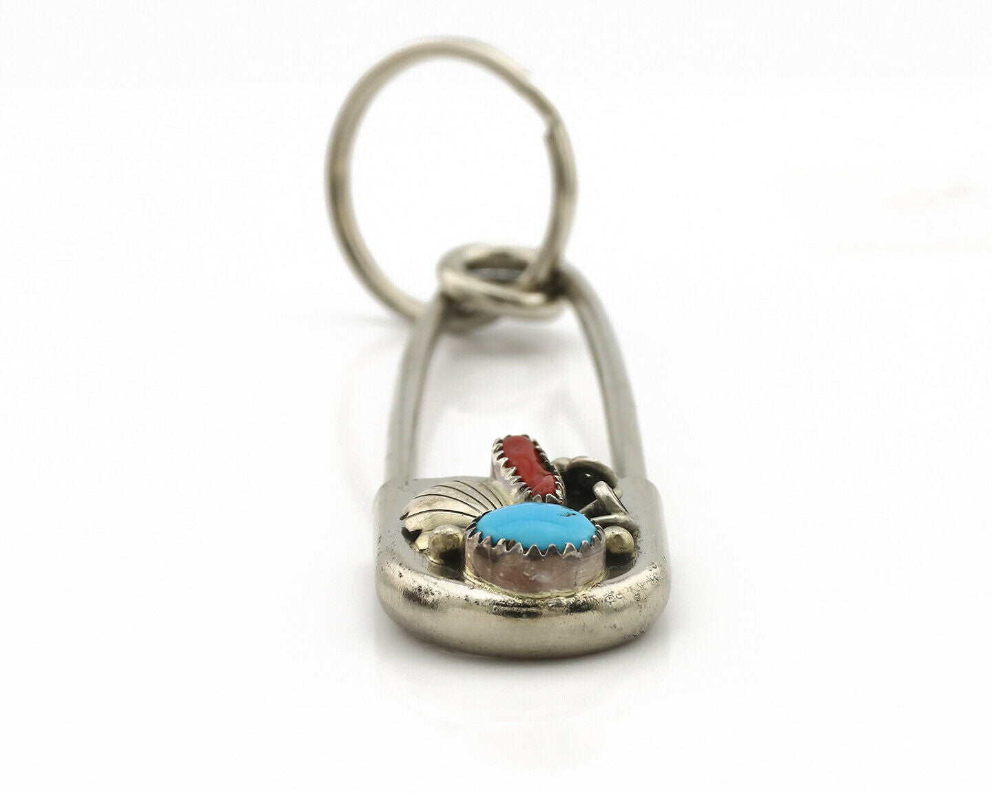 Navajo Handmade Key Chain .925 Silver Blue Turquoise & Coral Native Artist C80s