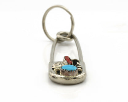 Navajo Handmade Key Chain .925 Silver Blue Turquoise & Coral Native Artist C80s