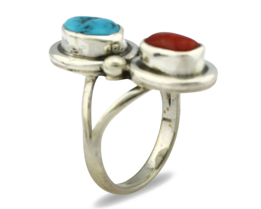 Navajo Ring .925 Silver Red Coral & Blue Turquoise Native Artist C.80's