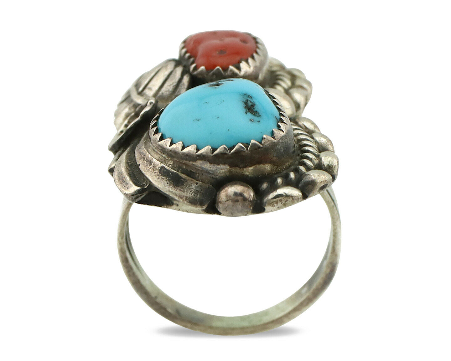 Navajo Ring .925 Silver Turquoise & Coral Artist Signed Thomas Singer C.80's