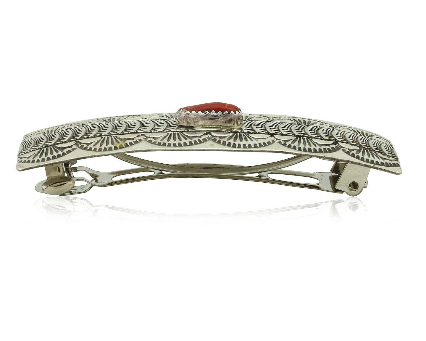 Women's Navajo Hair Clip .925 Silver Inlaid Red Coral Artist Signed WB C.80's