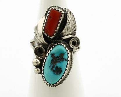 Navajo Ring .925 Silver Turquoise & Coral Artist Signed J Morris C.80's