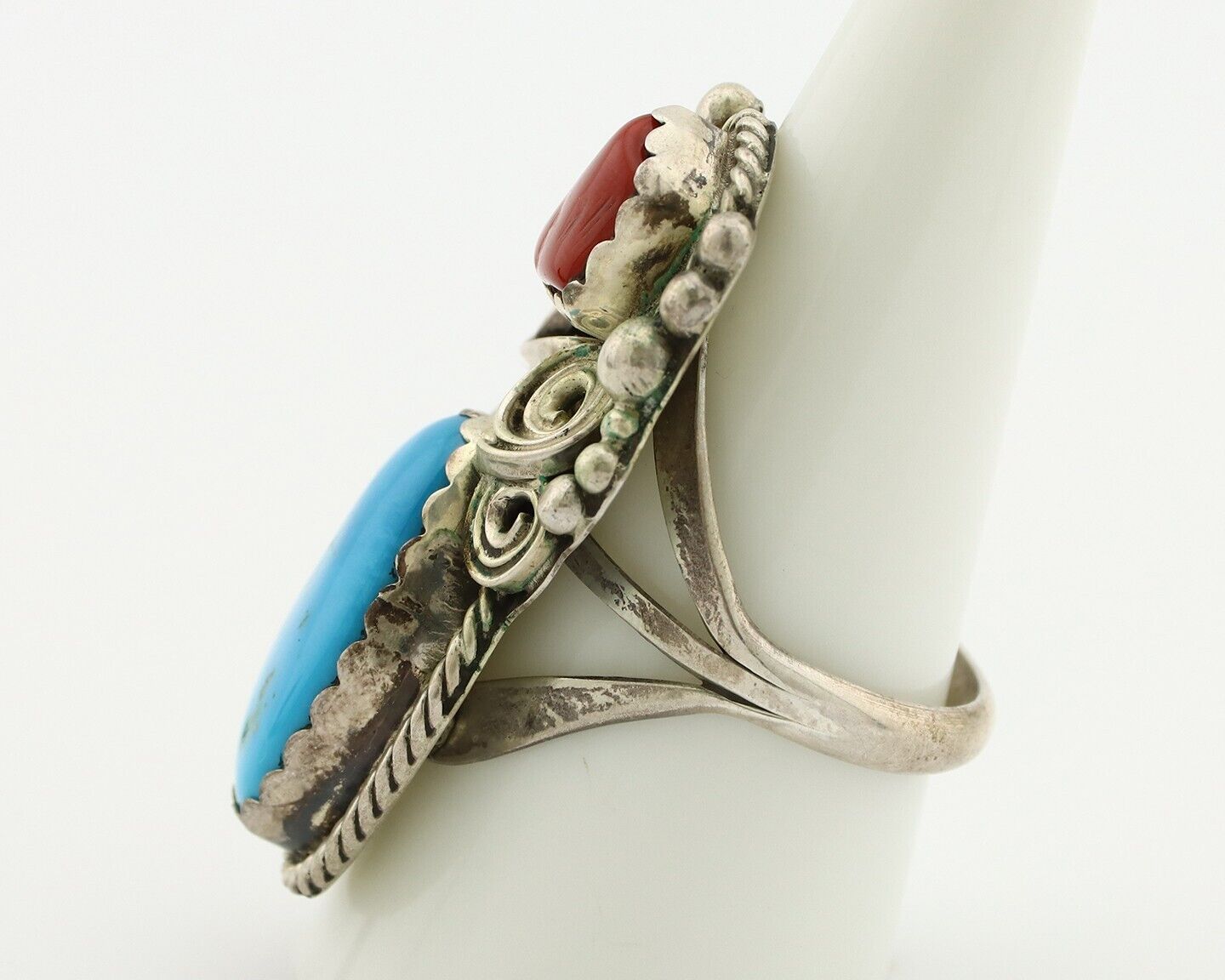 Navajo Ring 925 Silver Blue Turquiose & Coral Artist Signed Justin Morris C.80's