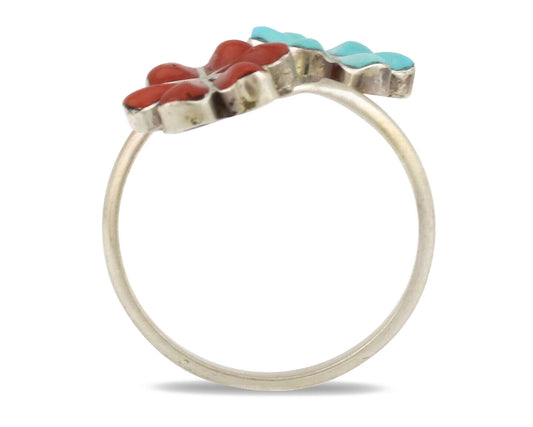 Zuni Flower Ring 925 Silver Turquoise & Coral Native American Artist C.80's