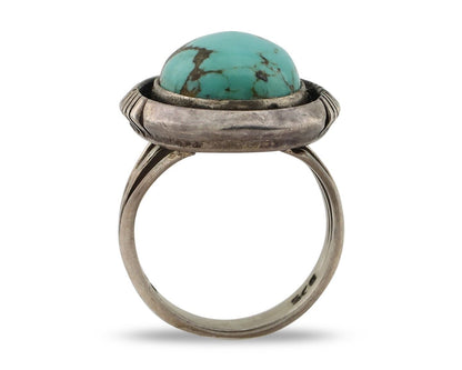 Navajo Ring 925 Silver Natural Blue Turquoise Artist Signed Pictograph C.80's