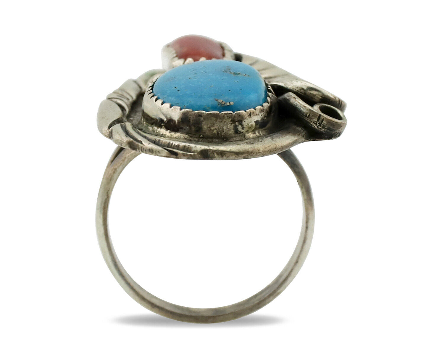 Navajo Ring 925 Silver Turquoise & Coral Artist Signed Native American C.80s