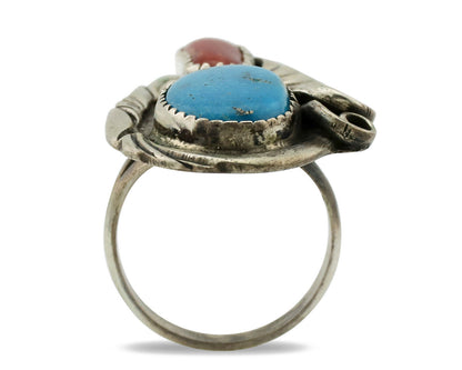 Navajo Ring 925 Silver Turquoise & Coral Artist Signed Native American C.80s