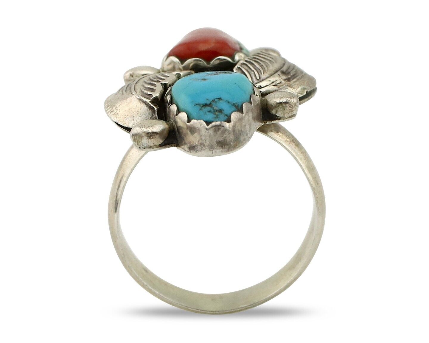 Navajo Ring 925 Silver Blue Turquiose & Mediterranean Coral Native Artist C.80's