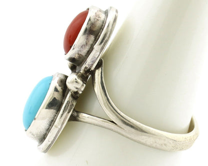 Navajo Handmade Ring 925 Silver Coral & Turquoise Native American Artist C.80's