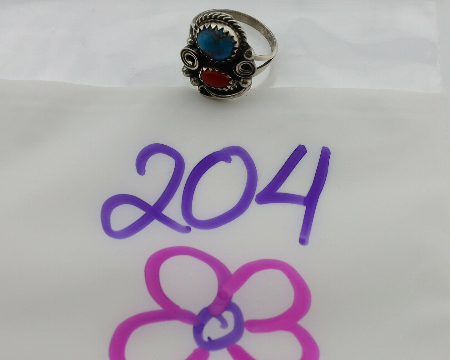 Navajo Ring .925 Silver Morenci Turquoise & Coral Native Artist Signed JM C.80's