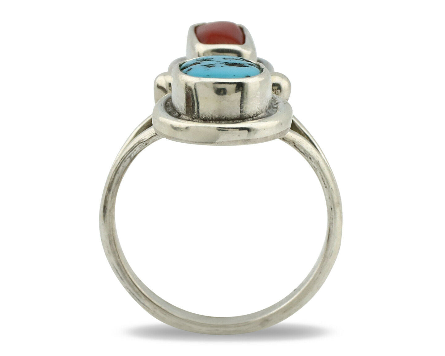 Navajo Ring .925 Silver Red Coral & Blue Turquoise Native Artist C.80's