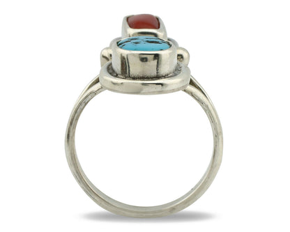Navajo Ring .925 Silver Red Coral & Blue Turquoise Native Artist C.80's