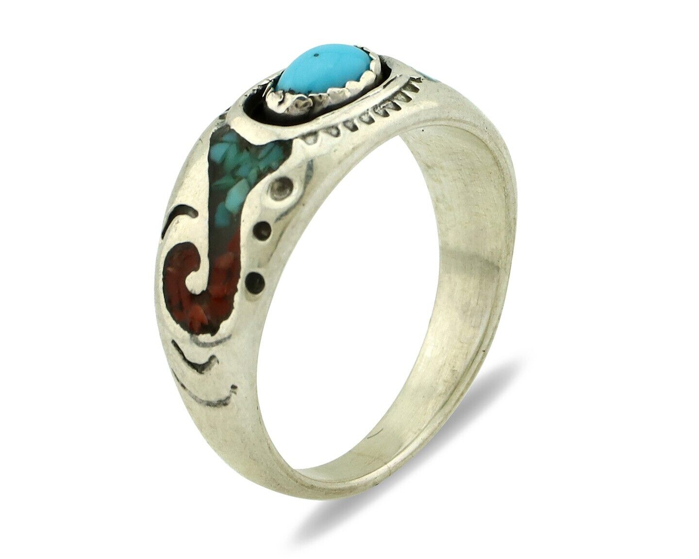 Navajo Handmade Ring 925 Silver Blue Turquoise & Coral Native American C.80's