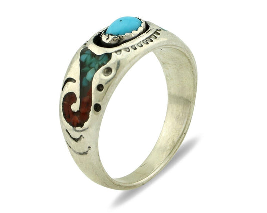 Navajo Handmade Ring 925 Silver Blue Turquoise & Coral Native American C.80's