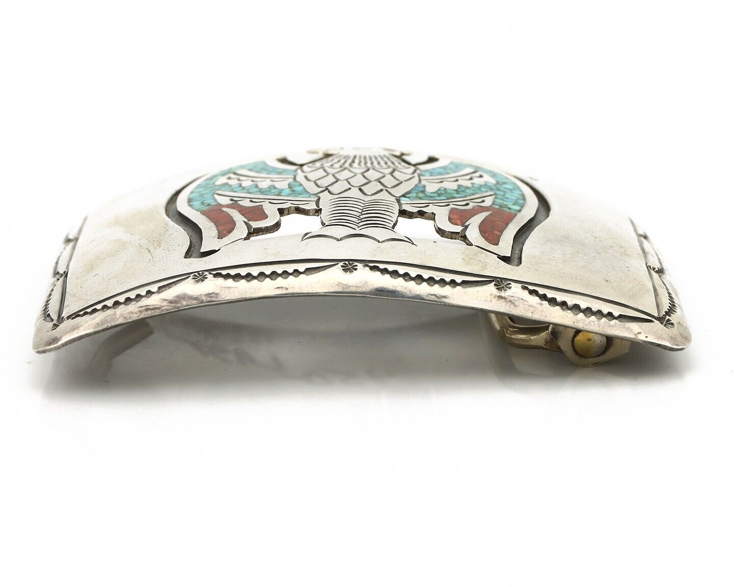 Navajo Belt Buckle 925 Silver Handmade Chip Inlay Artist Signed J. Nezzie C.80s
