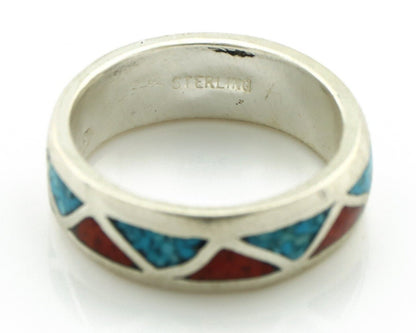 Navajo Chip Inlay Ring 925 Silver Sleeping Beauty Turquoise & Coral Silver Cloud