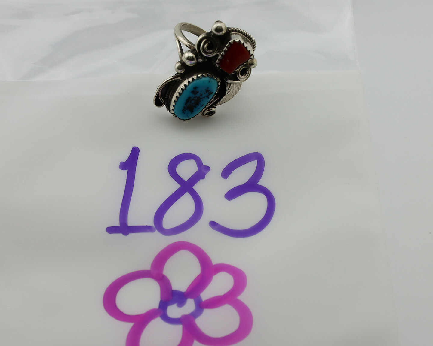 Navajo Ring .925 Silver Turquoise & Coral Artist Signed J Morris C.80's