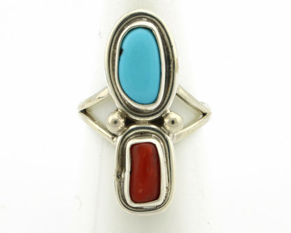 Navajo Ring .925 Silver Blue Turquoise & Red Coral Native American Artist C.80's