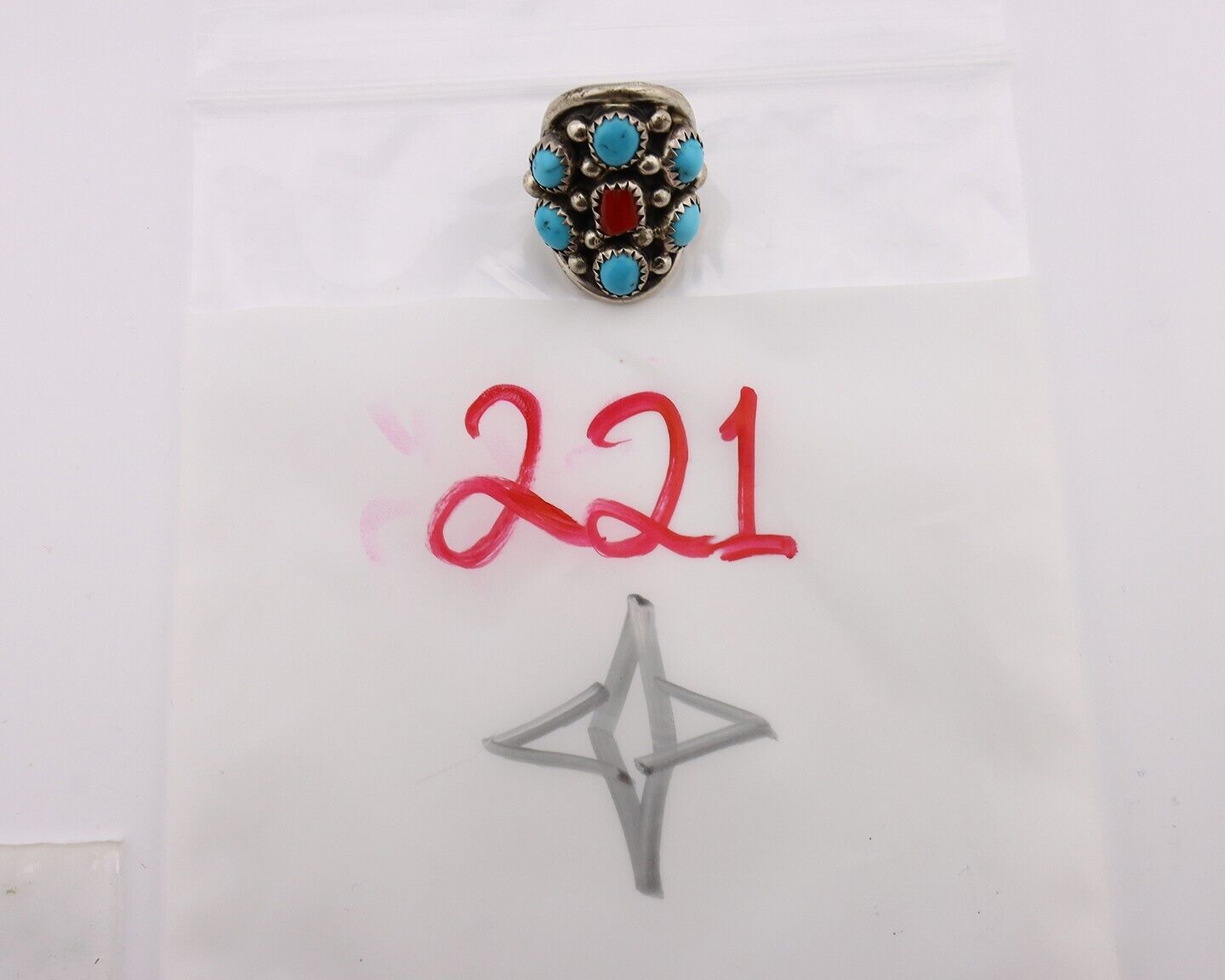 Navajo Ring 925 Silver Blue Turquiose & Coral Artist Signed Elgin Haskey C.80's