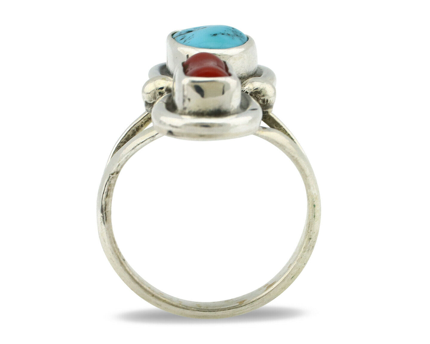 Navajo Ring .925 Silver Red Coral & Blue Turquoise Native Artist C.80's