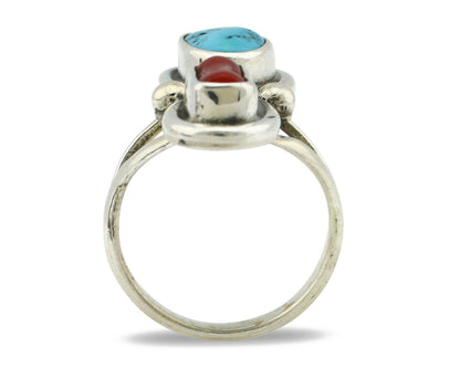 Navajo Ring .925 Silver Red Coral & Blue Turquoise Native Artist C.80's