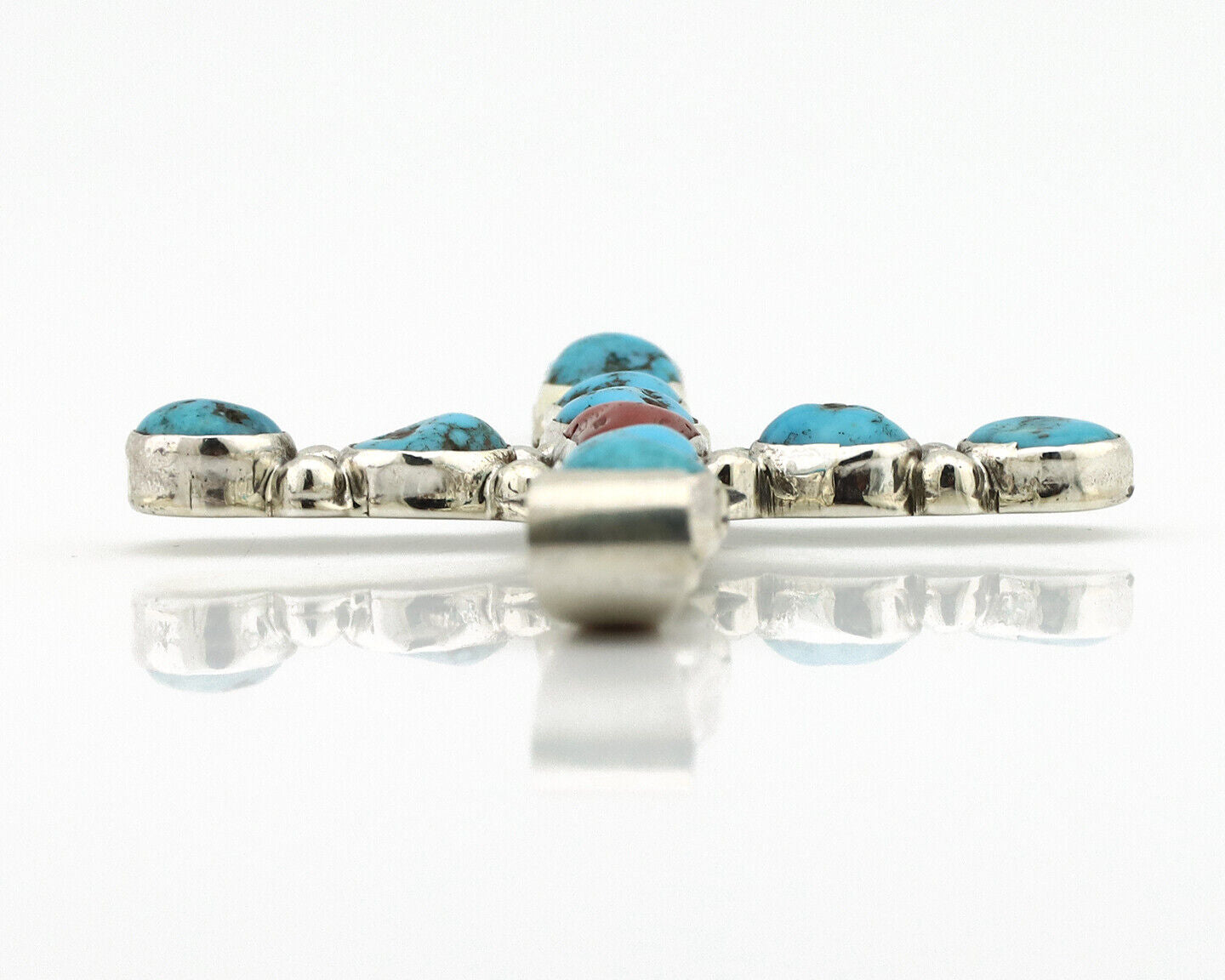 Zuni Handmade Cross Necklace 925 Silver Coral & Turquiose Artist Signed JWJ C80s