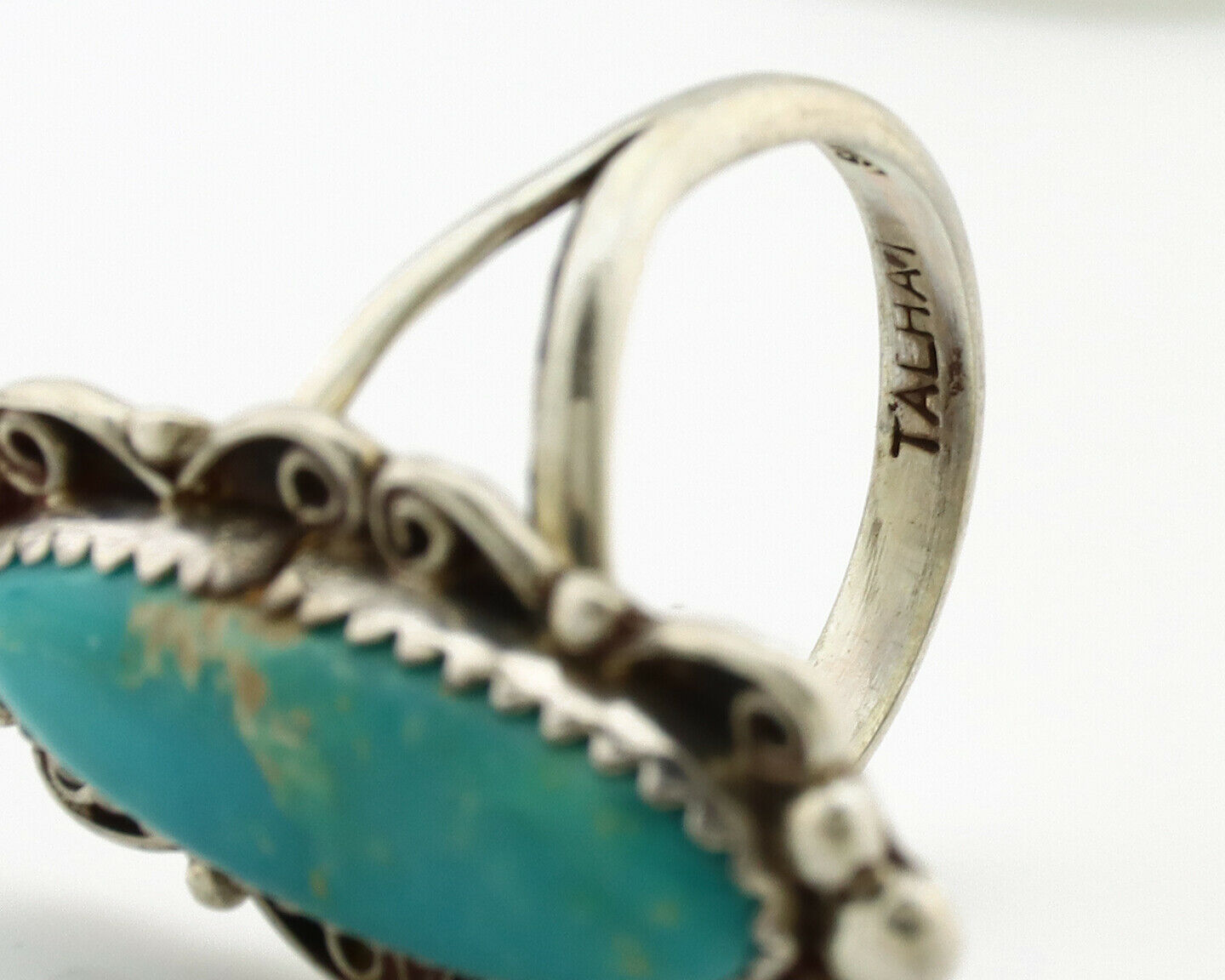 Navajo Ring .925 Silver Blue Southwest Turquoise Signed TALHAT C.80's