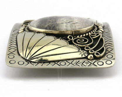 Navajo Belt Buckle .999 Nickle Silver Natural Gemstone Signed Tipi C.80's