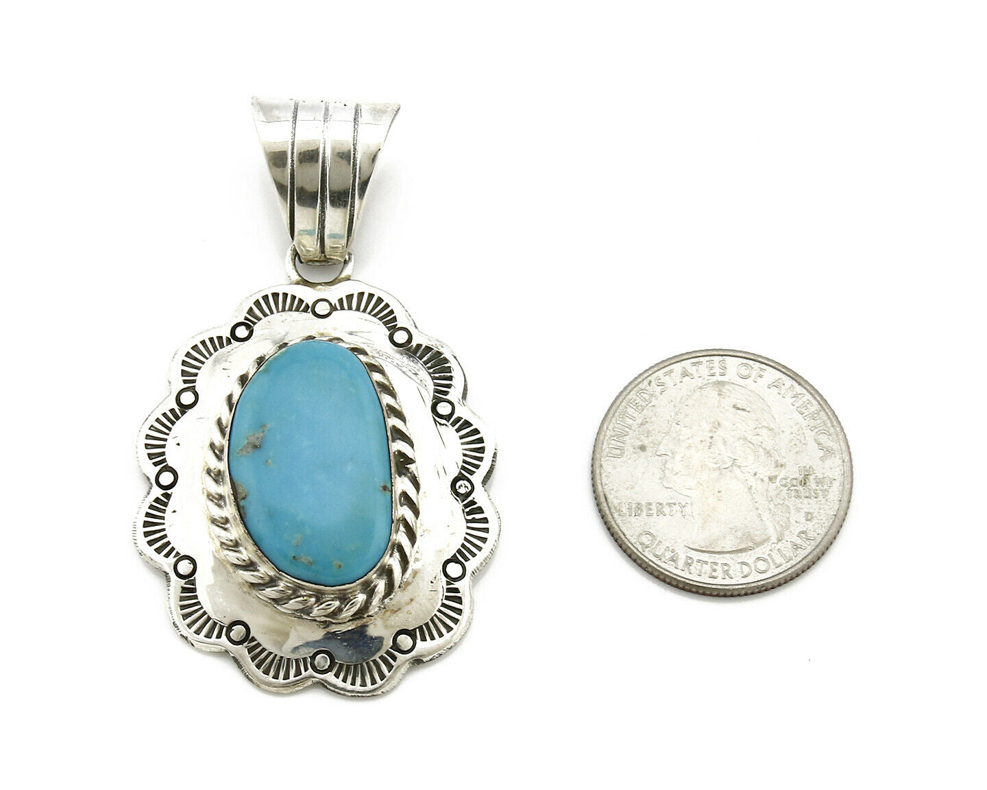 Navajo Pendant .925 Silver Kingman Turquoise Signed Artist FT C.80's