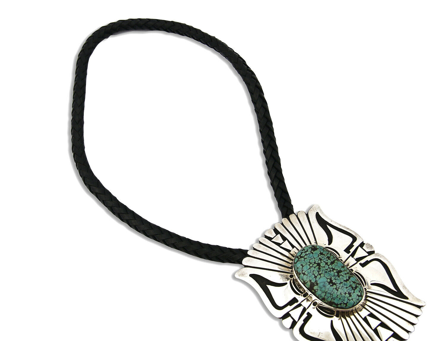 Navajo Turquoise Bolo Tie .925 Silver Spiderweb Turquoise Artist Signed J Billie