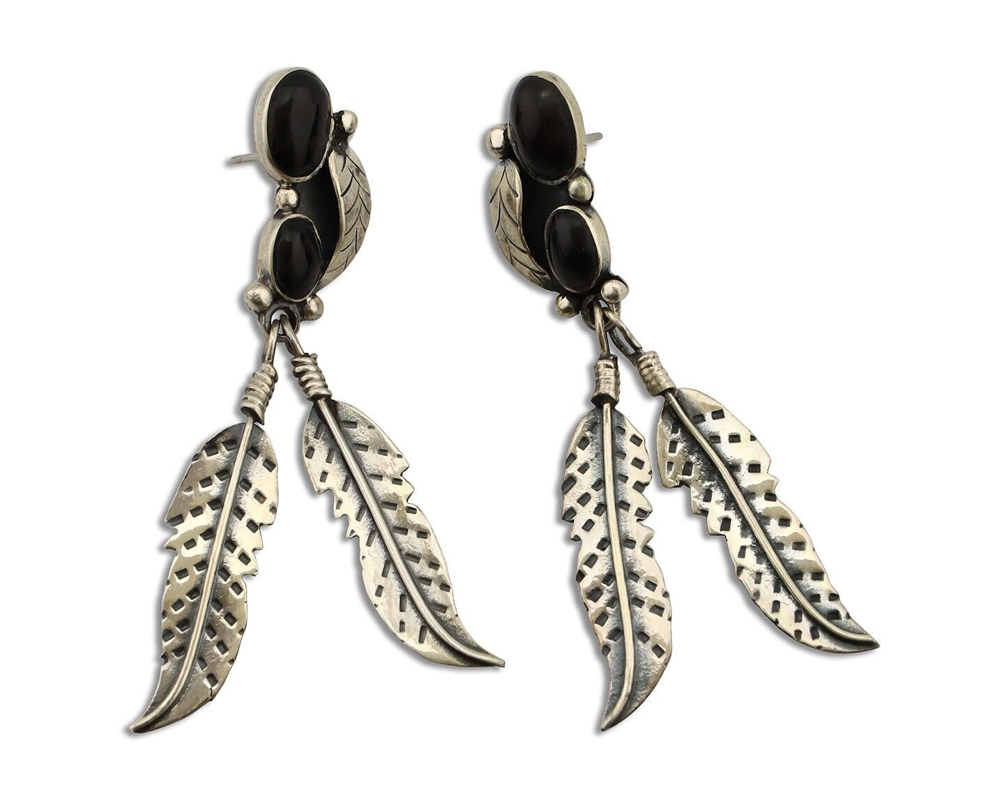 Navajo Earrings 925 Silver Natural Black Onyx Artist Signed T C.80's