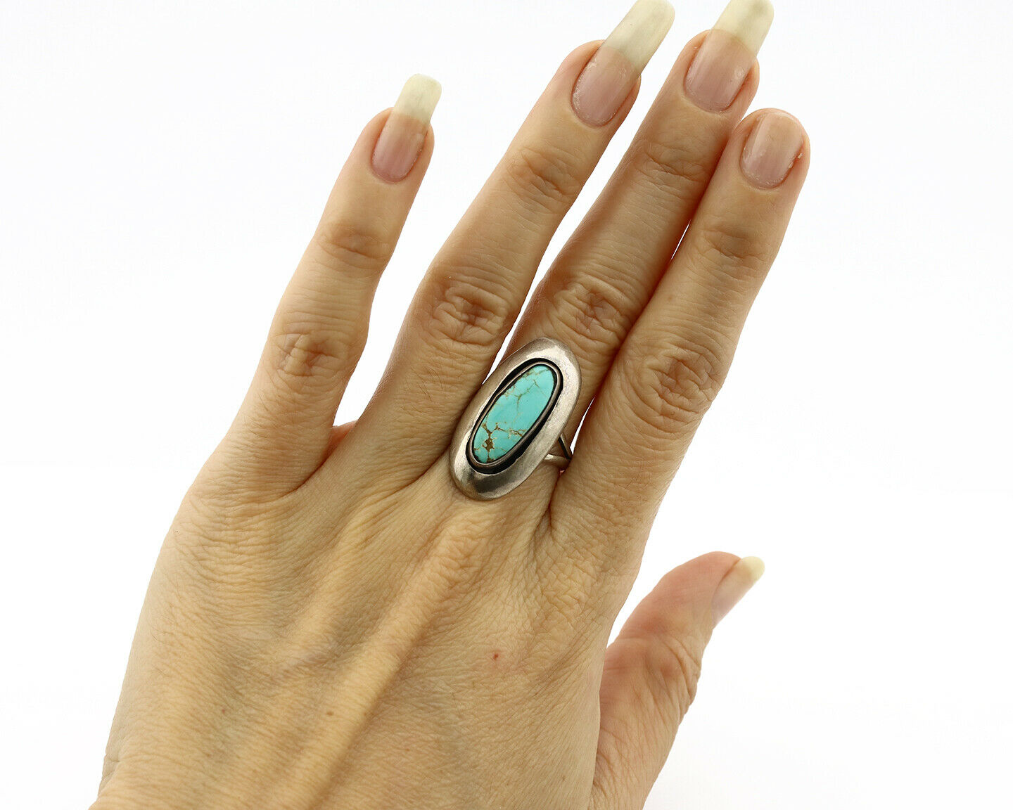 Navajo Shadow Box Ring .925 Silver Kingman Turquoise Signed M Montoya C80s