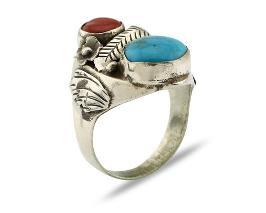 Navajo Ring 925 Silver Blue Turquiose & Mediterranean Coral Native Artist C.80's