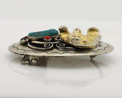 Navajo Eagle Head Belt Buckle .999 Nickle Turquoise & Coral Native Artist C80s