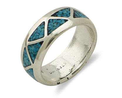 Navajo Chip Inlay Ring 925 Silver Sleeping Beauty Turquoise Artist Silver Cloud