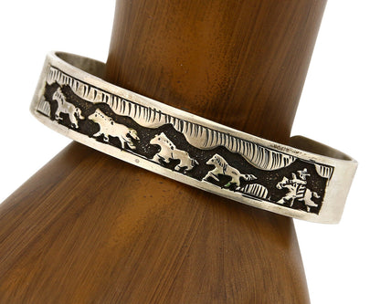 Navajo Bracelet .925 Silver Hand Stamped Overlay Signed HY C.80's