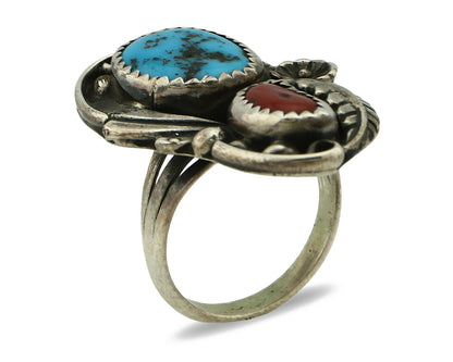 Navajo Ring .925 Silver Turquoise & Coral Artist Signed Thomas Singer C.80's