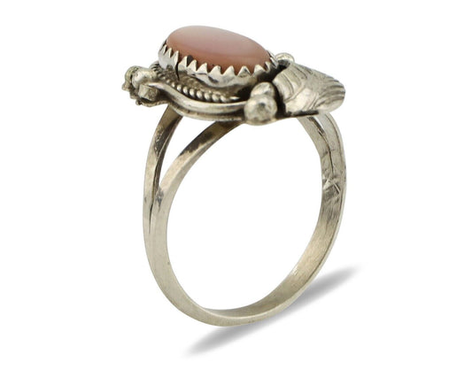 Navajo Ring .925 Silver Natural Pink Mussel Artist Signed Justin Morris C.80's