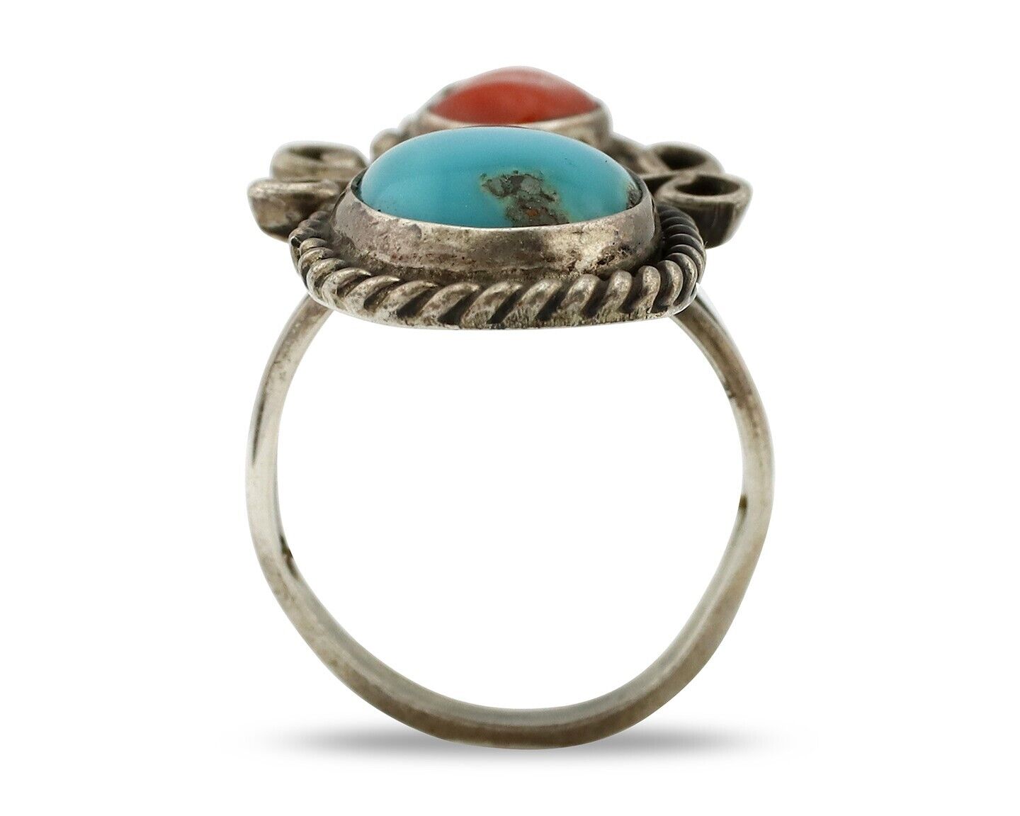 Navajo Ring 925 Silver Blue Turquiose & Mediterranean Coral Native Artist C.80's