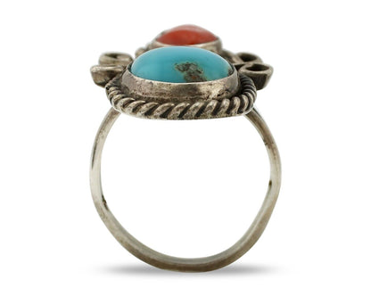 Navajo Ring 925 Silver Blue Turquiose & Mediterranean Coral Native Artist C.80's