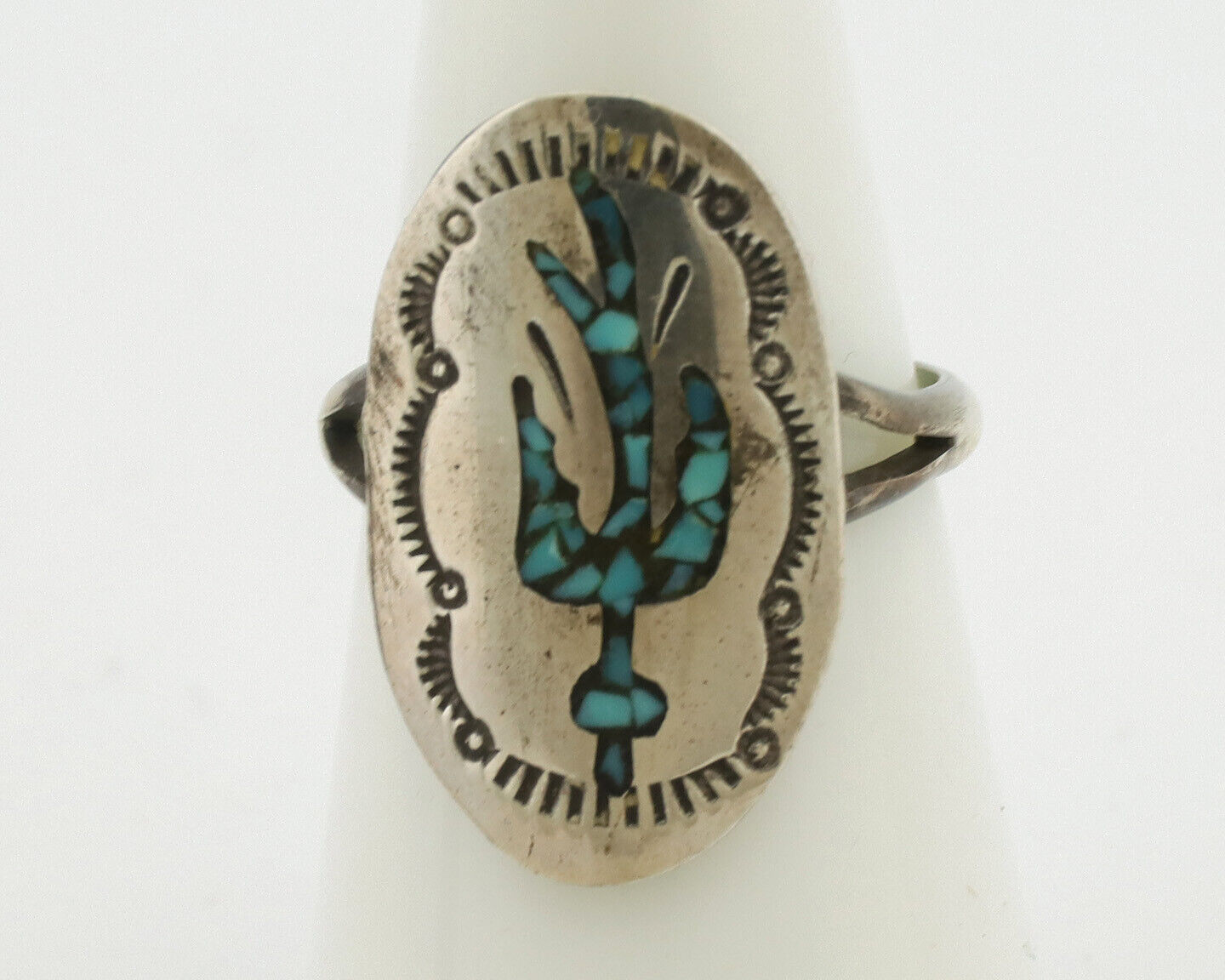 Small Navajo Ring 925 Silver Chip Inlay Turquoise Artist Signed NAKAI C.80's
