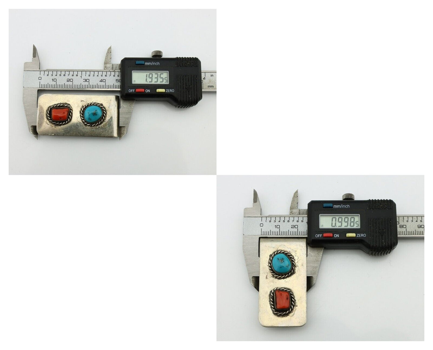 Navajo Money Clip 925 Silver & 999 Nickel Natural Turquoise & Coral Artist C80