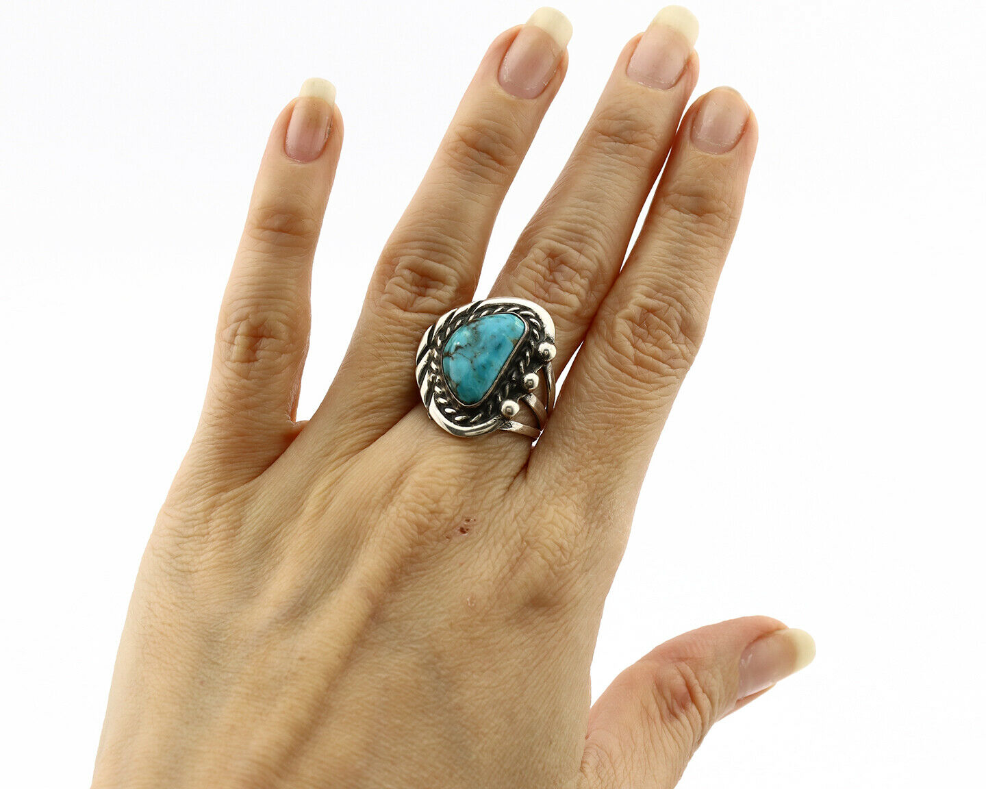 Navajo Ring .925 Silver Spiderweb Turquoise Native American Artist C.80's
