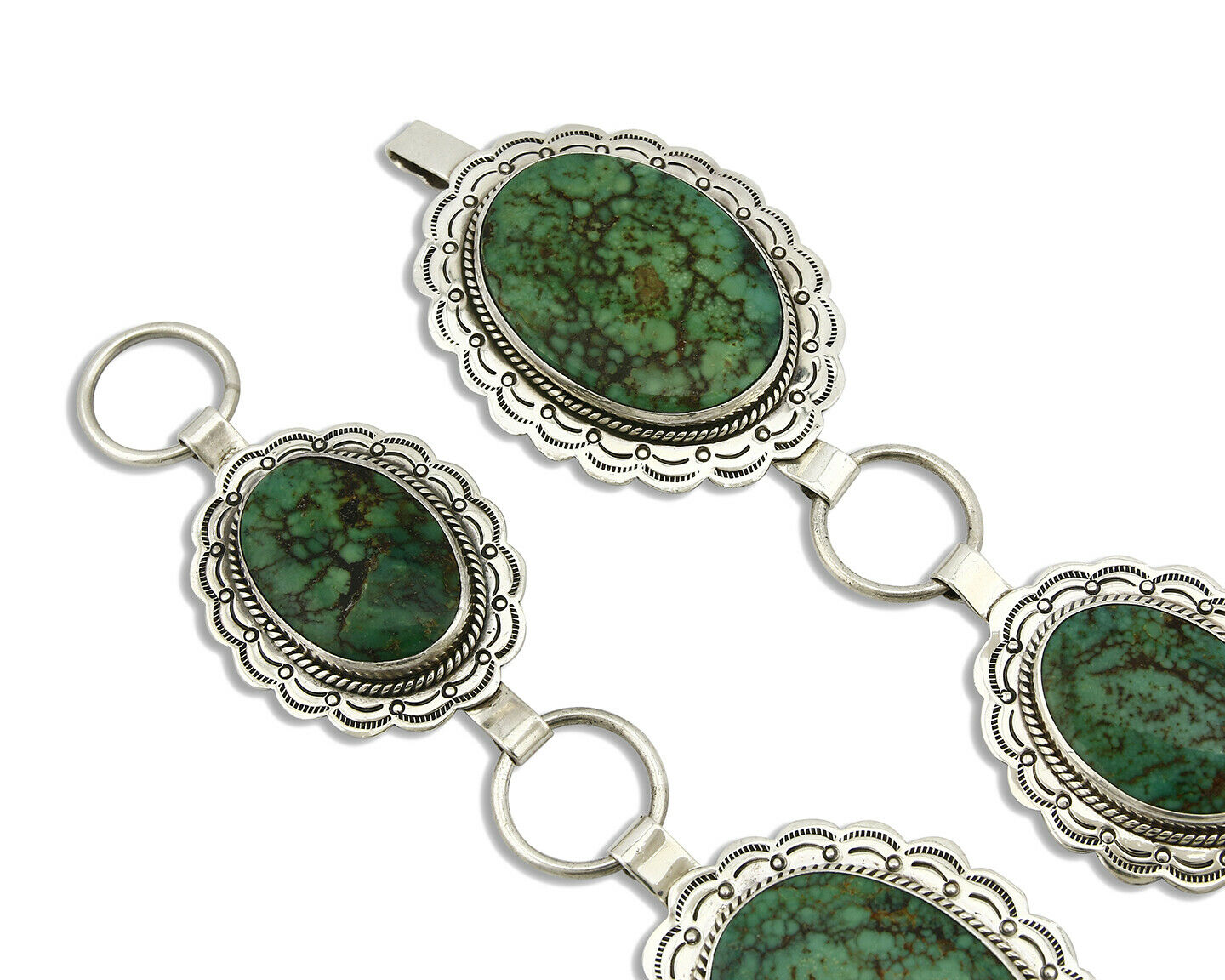 Navajo Concho Belt .925 Silver Turquoise Hand Stamped Signed JM C.80's