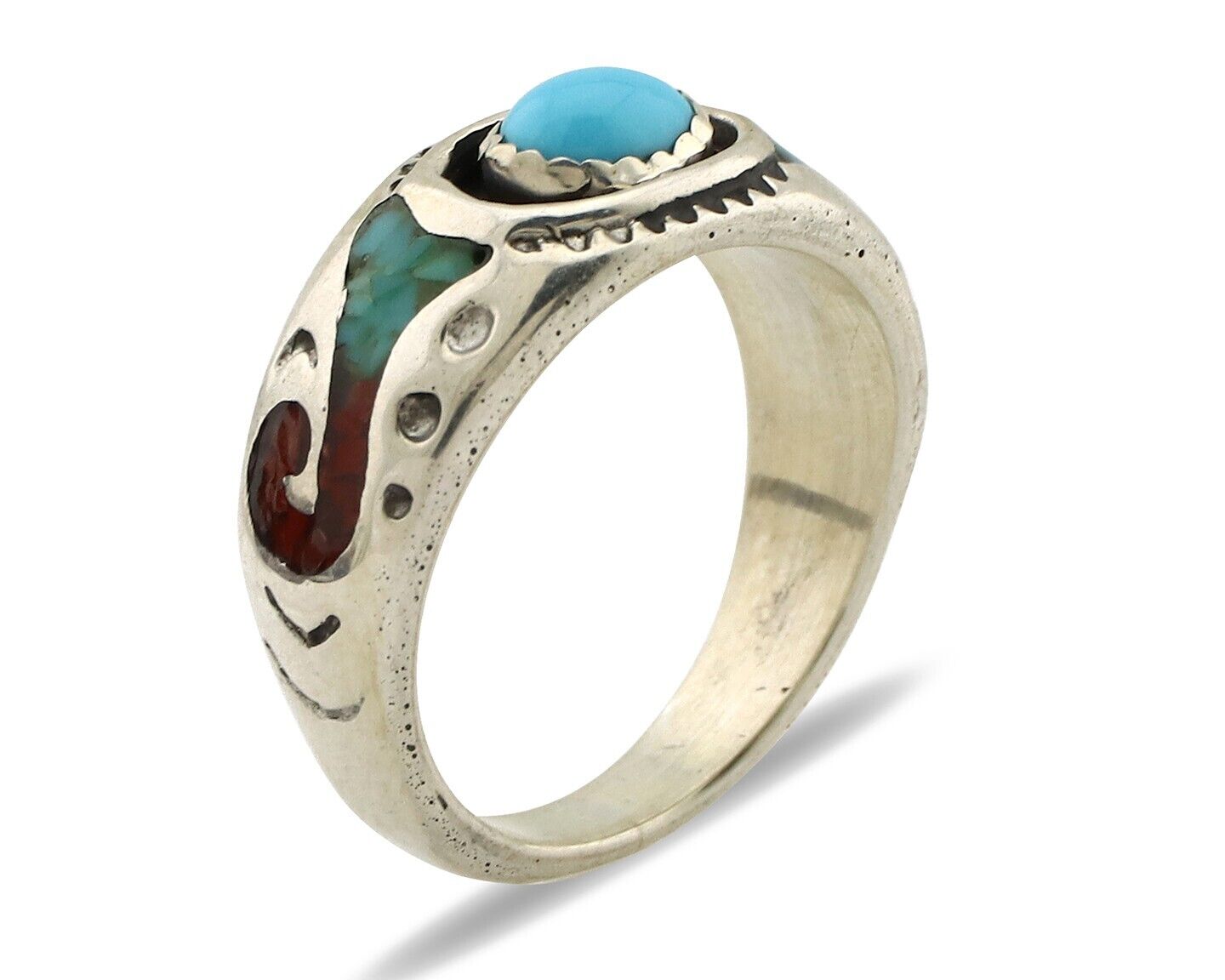 Navajo Handmade Ring 925 Silver Blue Turquoise & Coral Native American C.80's