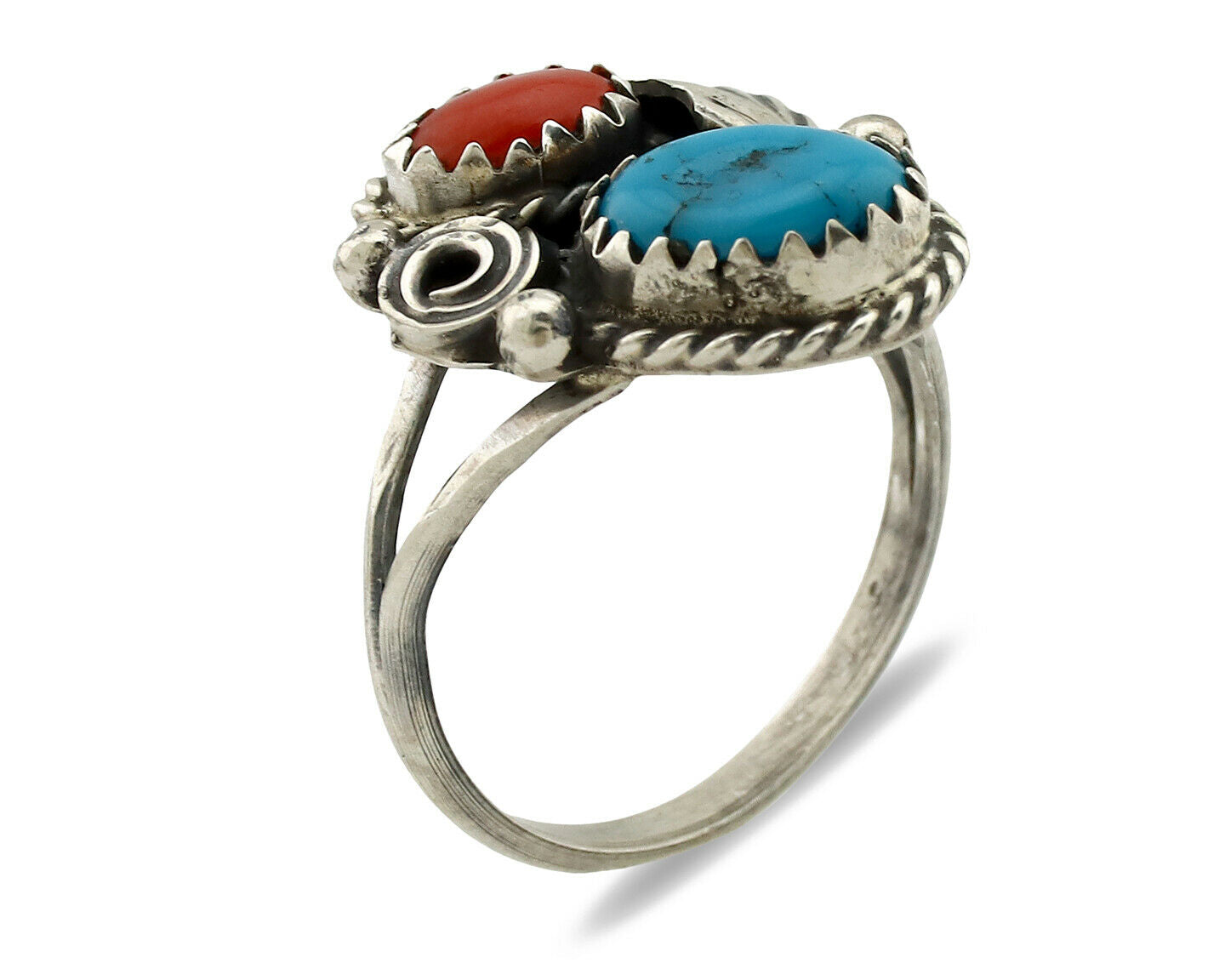 Navajo Ring .925 Silver Turquoise & Coral Artist Signed J Morris C.80's