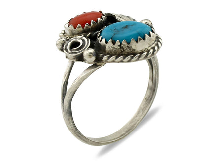 Navajo Ring .925 Silver Turquoise & Coral Artist Signed J Morris C.80's